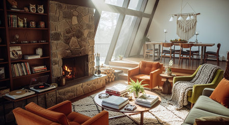 Interior of a cozy living room in a loft style with a fireplaceの素材