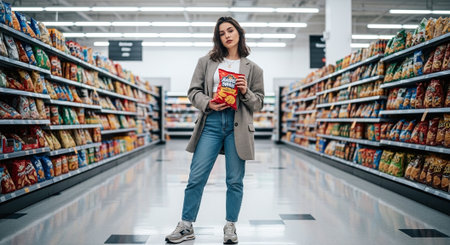 Beautiful young brunette woman in a beige coat and blue jeans is standing in the aisle of a supermarket and holding a box with a snack in her hands.の素材