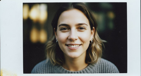 Portrait of a beautiful young woman in gray sweater on the background of the windowの素材