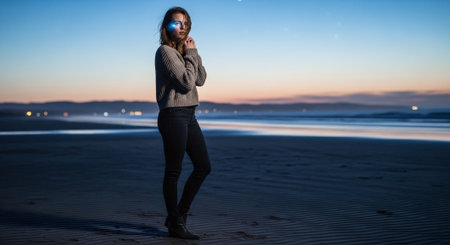 Beautiful young woman on the beach at sunset, wearing a grey sweater and sunglassesの素材