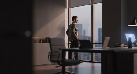 Young businessman standing in modern office, looking at camera. Side viewの素材