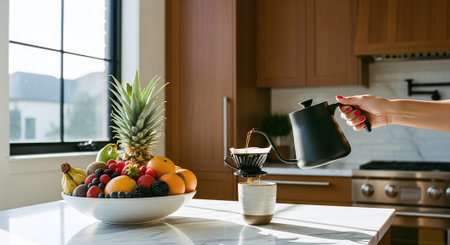 Female hand pouring coffee from a kettle into a bowl with fresh fruitsの素材