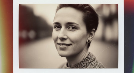 Portrait of a beautiful woman in the city. Vintage photo.の素材