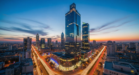 panoramic view of the city of shanghai at duskの素材