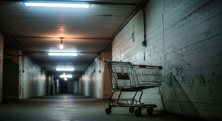 Empty shopping cart in an underground parking lot. Blurred background.の素材