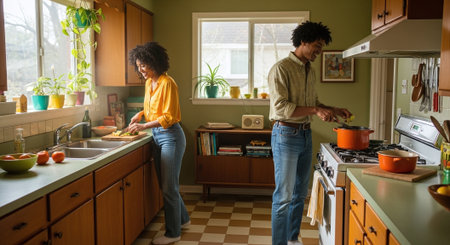 Young african american couple cooking together in the kitchen at homeの素材