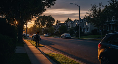 Sunset in the suburbs of Toronto, Ontario, Canada. Woman walking on the street.の素材