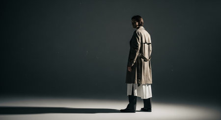 Handsome man in trench coat standing on grey background with shadowsの素材