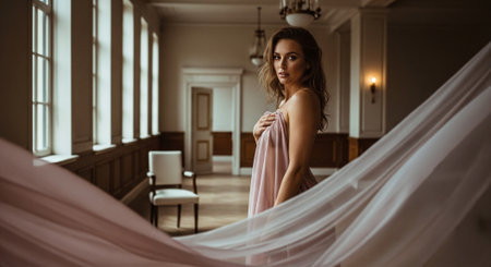 Beautiful sexy lady in elegant white dress posing in the interior of the hotelの素材