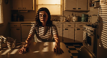 Beautiful young woman is sitting at the table in the kitchen.の素材