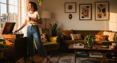 Full length portrait of a young woman using laptop while drinking coffee at homeの素材
