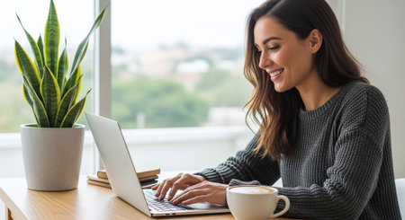 Beautiful woman using laptop and drinking coffee at home in the morningの素材