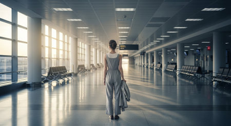 Elegant woman in white long dress at airport. Mixed mediaの素材