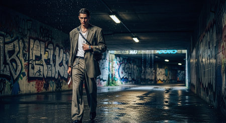 Portrait of a confident businessman standing in an underground passage. Men's beauty, fashion.の素材