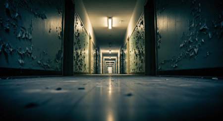 Abandoned corridor in a hospital. Horror Halloween concept. 3D Renderingの素材