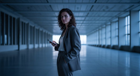 Young businesswoman using a mobile phone in an office. Mixed mediaの素材