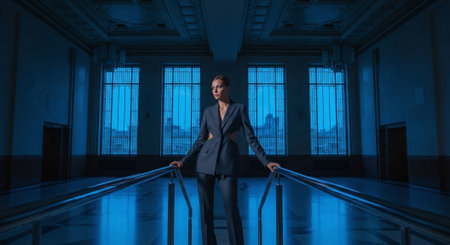 Businesswoman standing in the hallway of a modern office building. 3D rendering.の素材