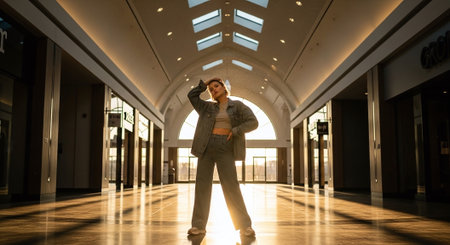 Young businesswoman standing in the hallway of a modern office building.の素材