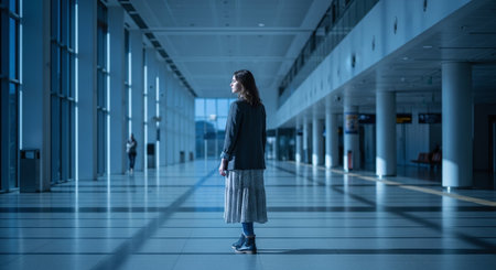 Young woman walking in the corridor of a modern office building at nightの素材