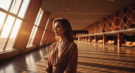 Beautiful young woman in a long dress in the interior of a modern buildingの素材
