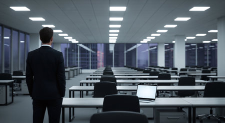 Businessman in modern conference room with empty white tables. Mixed mediaの素材