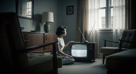 Young woman using laptop while sitting on sofa at home and watching tvの素材