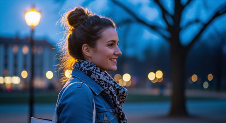 Portrait of a beautiful young woman in a city at night.の素材