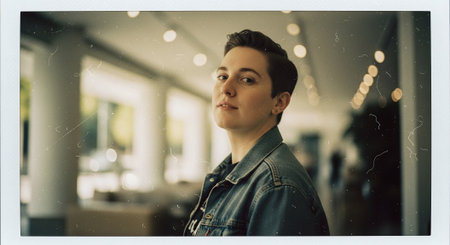 Portrait of a beautiful young woman with long hair and blue jeans jacketの素材