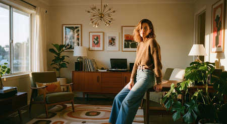 Young woman in casual clothes sitting on a chair in her living roomの素材