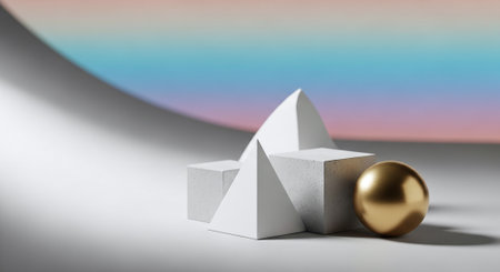 3d render of abstract geometric shapes in pastel colors with golden ballの素材