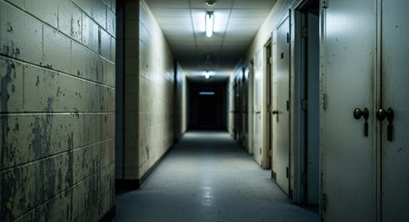 long corridor with many doors in the dark, closeup of photoの素材