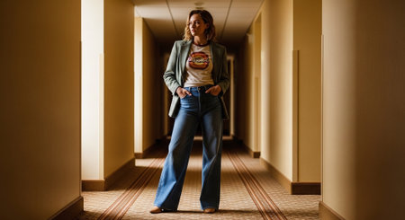 Portrait of a young woman walking in the corridor of a hotelの素材