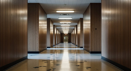 3d render of a long corridor in a modern office building.の素材