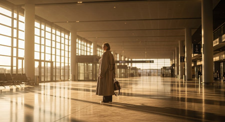 Businesswoman walking in airport terminal. Travel and tourism concept. Mixed mediaの素材