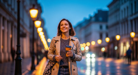 Young woman walking in Paris at night, drinking coffee and smiling.の素材