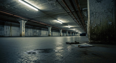 Underground parking lot with wet floor and rusty walls. 3d renderingの素材