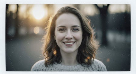 Portrait of a beautiful young woman smiling at the camera outdoors.の素材