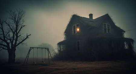 Old wooden house in a foggy forest with swing. Halloween concept.の素材