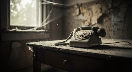 Old telephone on a table in an abandoned house. Shallow depth of fieldの素材