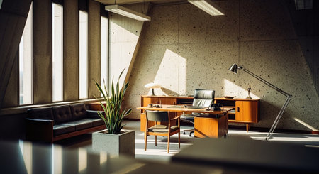 Interior of modern office with wooden and concrete walls. 3d renderingの素材