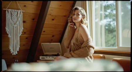 Beautiful blonde girl in a warm knitted sweater sits on the windowsill.の素材