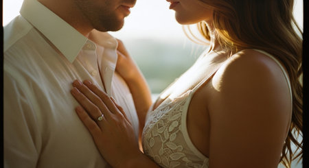 Close-up of man and woman embracing each other in the roomの素材