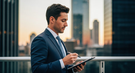 Businessman using digital tablet. Handsome young man in formalwear using digital tablet while standing outdoorsの素材