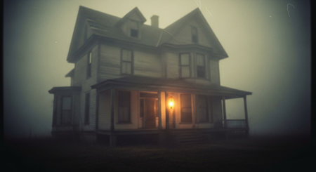Old house in a foggy night. Blurred background. Vintage style.の素材