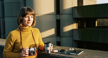 Young woman with camera and coffee cup on the street of the cityの素材