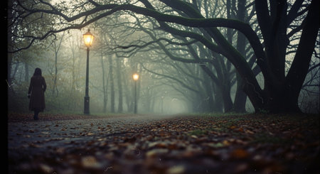 Mysterious foggy alley in the park at night with a lanternの素材