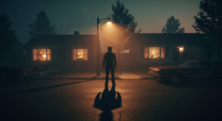 Man standing in front of his house at night. 3d renderingの素材