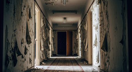 Abandoned corridor in an abandoned building with broken windows and doorsの素材