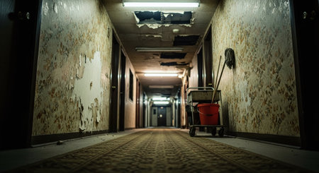 A long corridor in an abandoned building with a mop and a bucketの素材