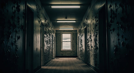 Dark corridor of abandoned building. Horror movie style. 3D Renderingの素材